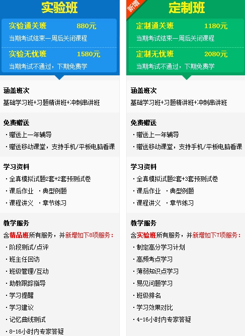 經濟師實驗班、定制班班次對比