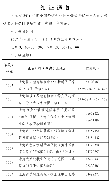 上海2016年經濟師領證通知