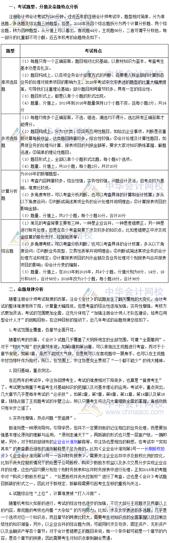 2017年注會《會計》考試題型及命題規律分析