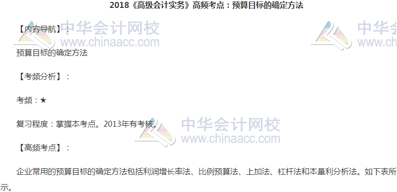 高級會計(jì)職稱《高級會計(jì)實(shí)務(wù)》高頻考點(diǎn):預(yù)算目標(biāo)的確定方法