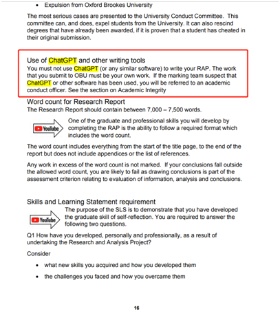 圖2:BSc(Hons) in Applied Accounting Research and Analysis Project(RAP)第16頁關于使用ChatGPT的限制 圖2:BSc(Hons) in Applied Accounting Research and Analysis Project(RAP)第16頁關于使用ChatGPT的限制