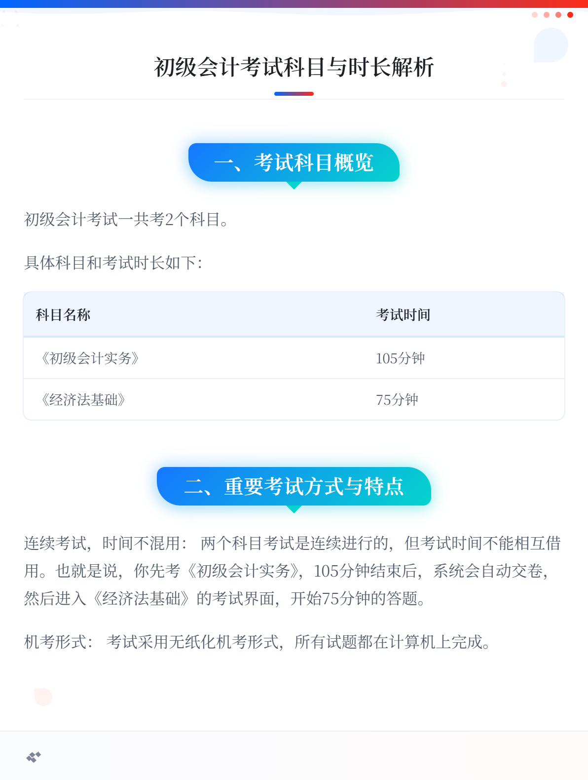 初級會計考試一共考幾科？各科的考試時長是多久？1